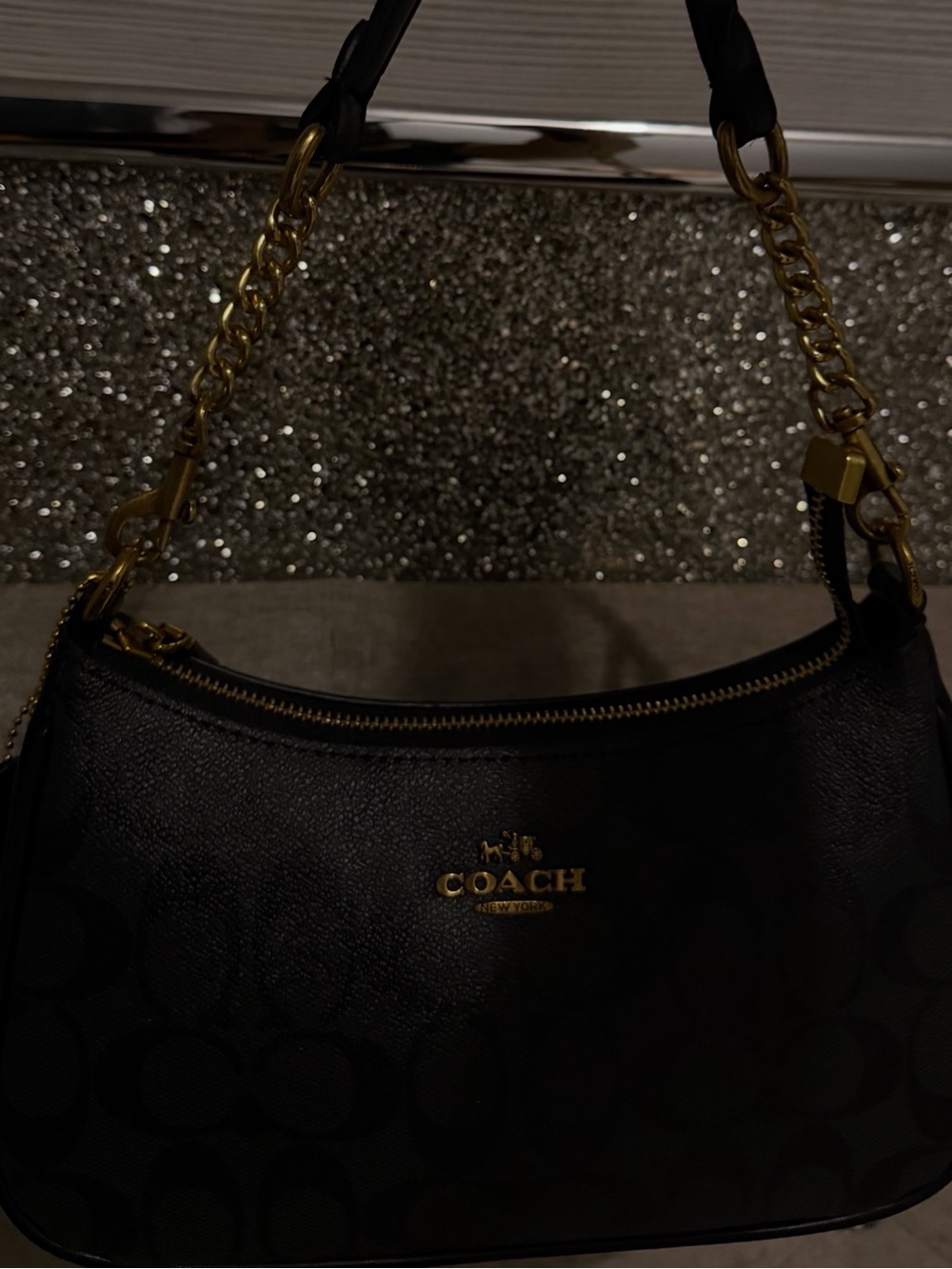 Coach Black Signature Canvas Shoulder Bag with Gold Hardware
